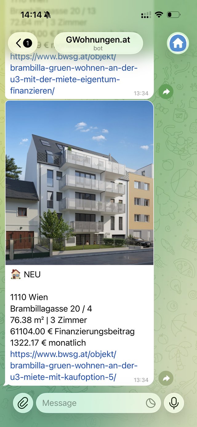 Eine Wohnungs-Benachrichtigung des GWohnungen-Bots auf einem Handy